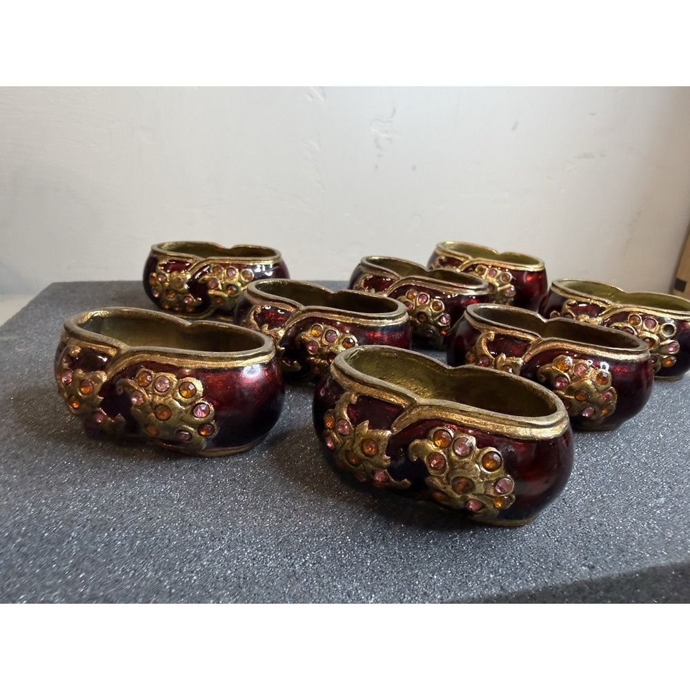 Vintage Cloisonné Napkin Rings Set‎ of 8 • Red & Gold Enamel Brass Table Decor